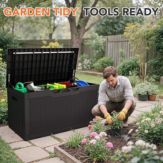 105 Gallon Deck Box Outdoor Indoor Waterproof Storage Box for Patio Furniture, Pool Accessories, Garden Tools, and Cushion Storage, Black