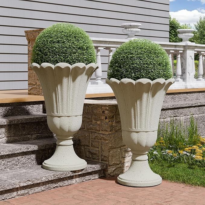 Tall Plastic Urn Planters for Outdoor Plants Set of 2-23.6" H Classic Petal Design Indoor Large Flower Pots with Drainage Holes, Outdoor Planters for Porch Decor/Garden Vase, Beige/Off White
