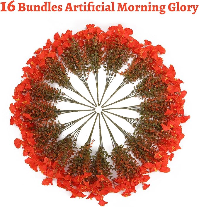 Geegoods Artificial Fall Flowers Outdoor – 16 Bundles Morning Glory with Eucalyptus, UV Resistant Faux Plants for Porch, Patio, Front Door & Garden Planter Boxes | Lifelike Autumn Decoration