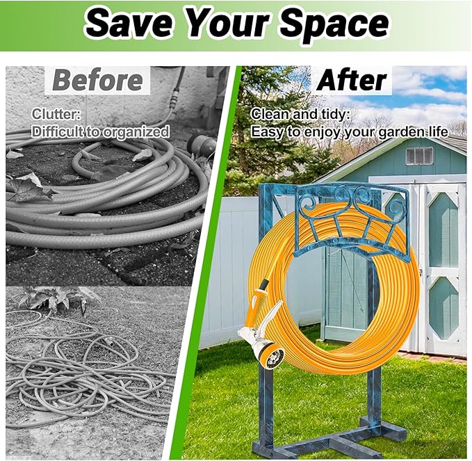 Garden Hose Holder, Heavy Duty Metal Water Hose Holders Hose Stand with 5 Spikes, Freestanding Hose Storage Rack Hose Hanger Holds 150ft Hose for Outside Yard Lawn Garden Decor (Retro Blue)