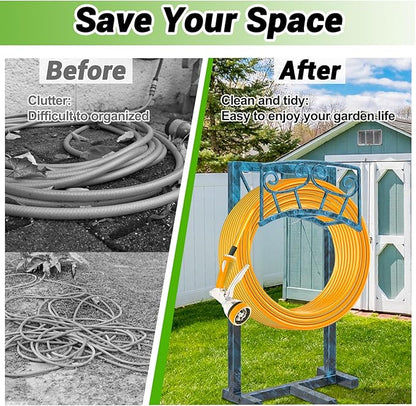 Garden Hose Holder, Heavy Duty Metal Water Hose Holders Hose Stand with 5 Spikes, Freestanding Hose Storage Rack Hose Hanger Holds 150ft Hose for Outside Yard Lawn Garden Decor (Retro Blue)