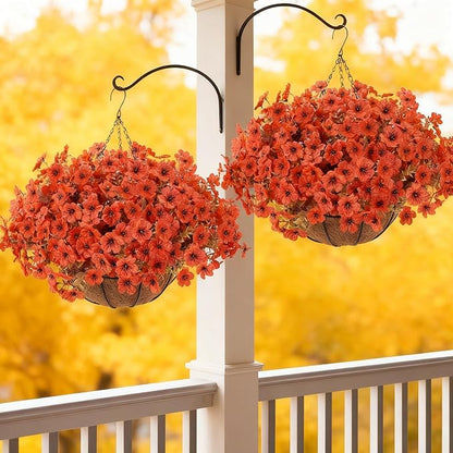 Geegoods Artificial Hanging Baskets for Outdoors Decoration, 24 Pcs Artficial Outdoor Flowers with Hanging Baskets UV Resistant Look Real Orange Mums for Autumn Porch Patio Balcony Yard Home Decor
