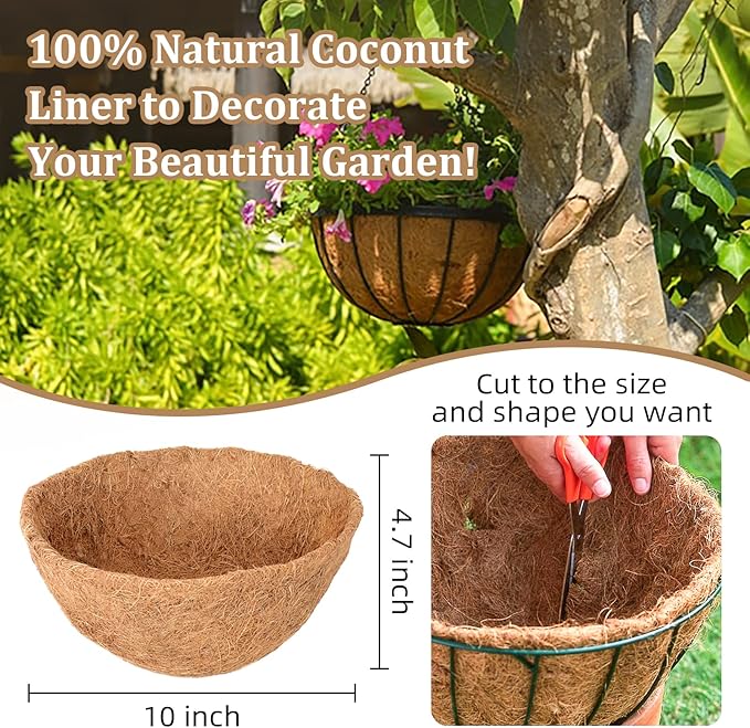 Legigo 4 Pack 10 Inch Hanging Basket Coco Liners Replacement, 100% Natural Round Coconut Coco Fiber Planter Basket Liners for Hanging Basket Flowers Vegetables