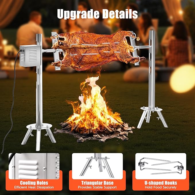 Jocisland Electric BBQ Rotisserie Grill Kit, 46" 132 Lbs Capacity, 45W Motor, Height-Adjustable Stainless Steel Pig Roaster with Triangular Stability Support Stand for Pig Lamb