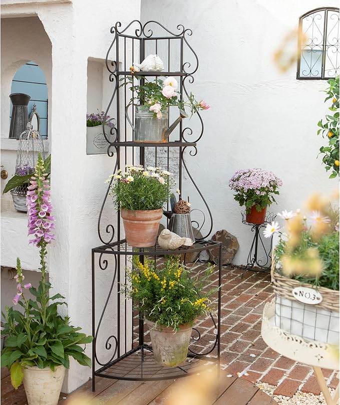 Black Corner 4-Tier Plant Rack, Space-Saving French Balcony Organizer with Filigree Metalwork, Indoor Shelf for Multiple Pots Garden Decor
