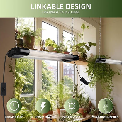 Hlite 16inch 4 Pack LED Grow Lights - Linkable Grow Lights for Indoor Plants, Full Spectrum Plant Lights Plug and Hanging Design with On/Off Switch Hanging Grow Light from seedling to Flowering, Black