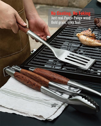 Heavy-Duty Panga-Panga BBQ Grilling Tools Set. Extra Thick Stainless Steel Multi-Function Spatula, Fork & Tongs | Essential Accessories for Barbecue & Grill. Ideal Gift for Father