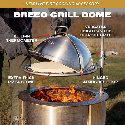 Breeo Grill Dome for Outpost Grill – Hinged Stainless Steel Dome w/Built-in Thermometer, Griddle Accessories Kit, Outdoor Set for Live-Fire Cooking – Fits X/19, Y Series