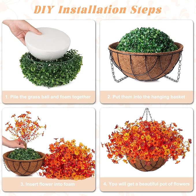 Fake Mums Artificial Fall Flowers with Hanging Baskets Outdoors for Decoration Faux mums for outdoor planters Daisy Flower with Eucalyptus Leaves for Porch Home Patio Balcony and Yard Autumn Decor