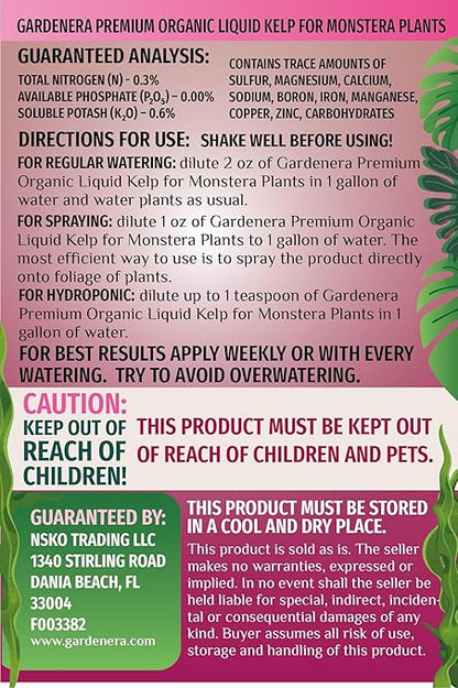 GARDENERA Premium Organic Seaweed & Kelp Superfood for Monstera Plants - 8 oz - Liquid Kelp Fertilizer Concentrate (Makes 45 Gallons)