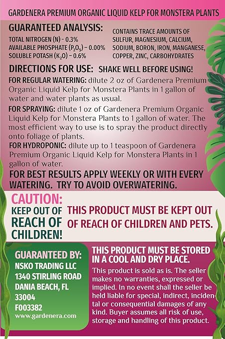 GARDENERA Premium Organic Seaweed & Kelp Superfood for Monstera Plants - 32 oz - Liquid Kelp Fertilizer Concentrate (Makes 180 Gallons)