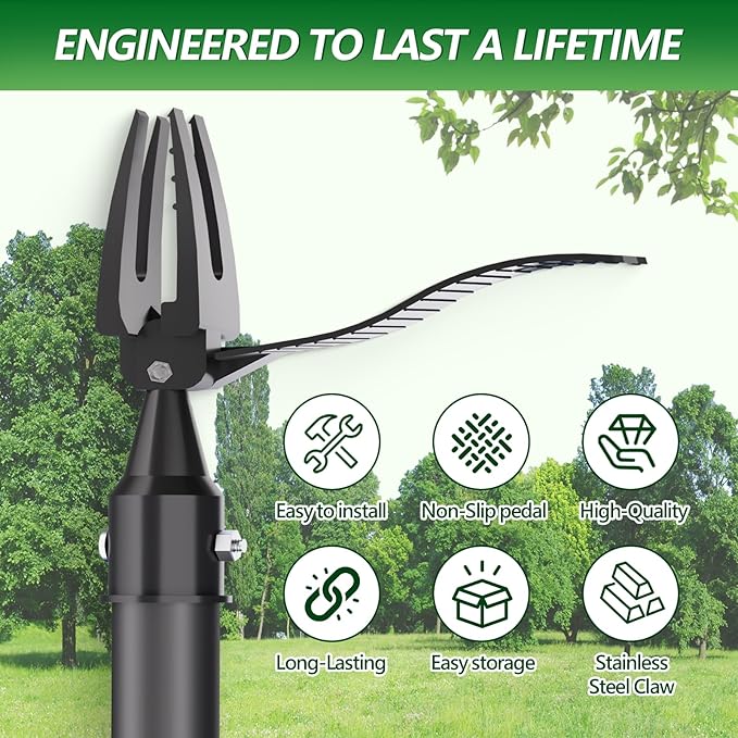 Stand Up Weed Puller Tool, 2-in-1 Weed Puller with 4 Claw Head & Rake, Effortless Root Puller for Dandelion & Weeds, No Bending or Kneeling, Ergonomic Garden Tool for Lawn & Yard Care