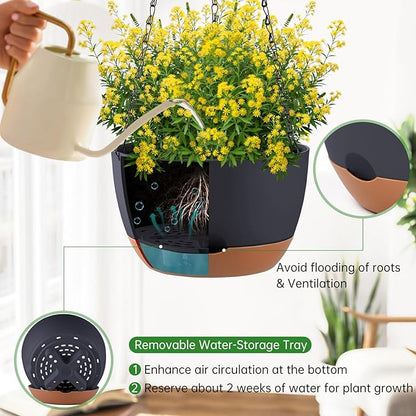 Set of 2 10 Inch Self Watering Hanging Planters for Indoor Outdoor Plants, Color Blocking Hanging Baskets Flower Pots with Drainage Hole & Removable Water-Storage Tray
