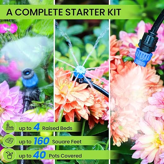 Bonviee 247FT Drip Irrigation System, Automatic Garden Watering System Kit with 50FT 5/16” & 1/4” Drip Tubing, Quick-to-Connect Fittings, Adjustable Drip Emitters for Raised Beds, Greenhouse, Lawn