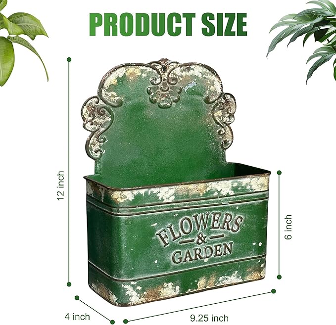 CVHOMEDECO. Farmhouse Metal Wall Planter Rustic Galvanized Flower Holder Wall Mount Flower pots for Indoor, Outdoor and Wall Decor, Set of 2 (Green)