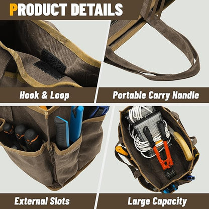 16OZ Waxed Canvas Tool Tote Bag for Garden Tools Wrench Set & Screwdrivers | 11-Pocket Garden Tool Bag with Portable Handles, Multi-Purpose Tool Storage Organizer (14"L x 5.5"W x 10.5"H) – Grey