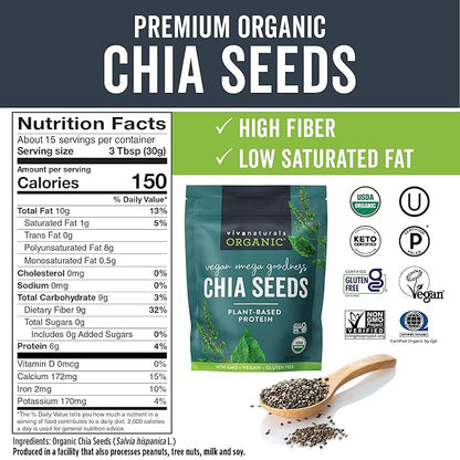Viva Naturals Organic Chia Seeds, 1 lb (454 g) – Plant-Based Omega-3 and Vegan Protein, Gluten Free & Non-GMO, Perfect for Smoothies, Salads & Chia Pudding