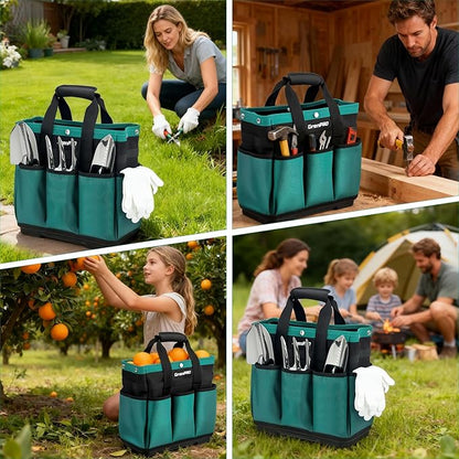 Garden Tool Bag Molded Bottom, Heavy Duty Tool Tote Toolbox with 10 Pockets, Reinforced & Top Snap Closure for Gardening Tools Storage, Dark Green(Tools Not Included)