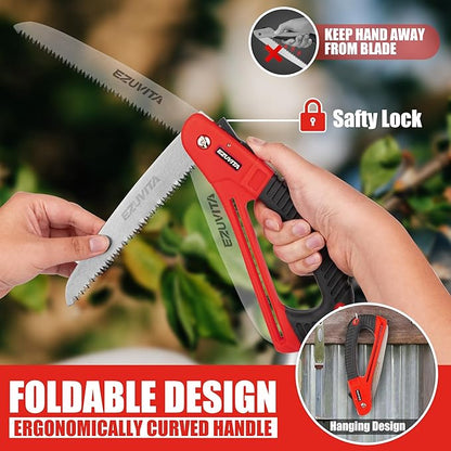 3PC Gardening Folding Saw with Pruner and Shears Set, 7 inch Hand Saw, Stainless Steel Garden Scissors 2 Pack, Professional Gardening Tools for Wood Cutting, Landscaping, Trimming, Picking