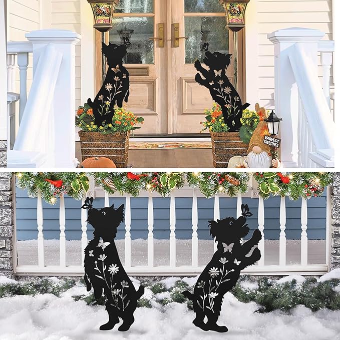 Metal Dog Garden Decor for Outside,Set of 2 Silhouette Yorkie Garden Stakes Decoratvie,Dog Garden Statues