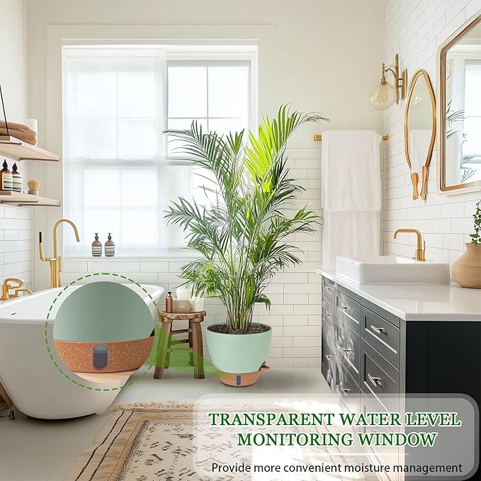 8/10/12 Inch Self Watering Pots for Indoor/Outdoor Plants - Large Plastic Planter with Drainage Holes, Water Level Indicator & Deep Reservoir, Modern Decorative Flower Pots (Green)