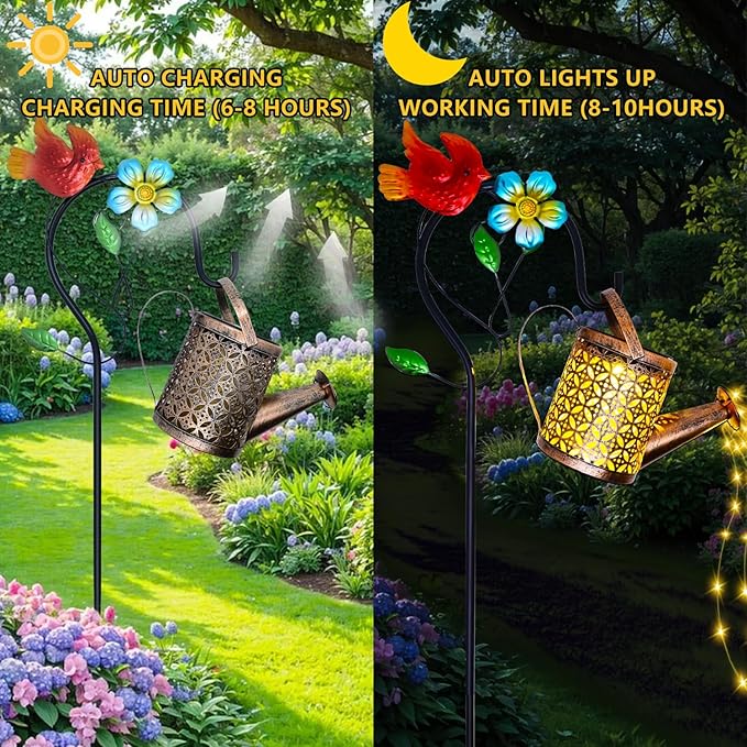 Solar Watering Can with Cascading Lights Outdoor Garden Decor, Cardinal Shaped Hook Gardening Gifts for Mom Women Grandma Birthday, Solar Lights for Garden Decorations Patio Yard Lawn Backyard