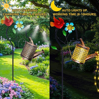 Solar Watering Can with Cascading Lights Outdoor Garden Decor, Cardinal Shaped Hook Gardening Gifts for Mom Women Grandma Birthday, Solar Lights for Garden Decorations Patio Yard Lawn Backyard