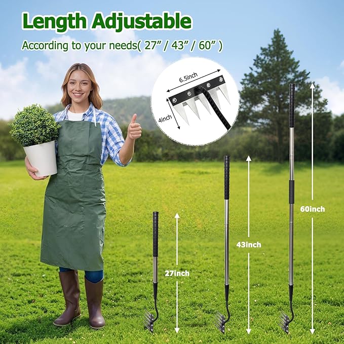 Forged Iron Weeding Rake,Gardenia 2.0 Iron Weed Rake with Long Handle,Thickened 5 Teeth Carbon Steel Garden Weeding and Leaf Removal Tools