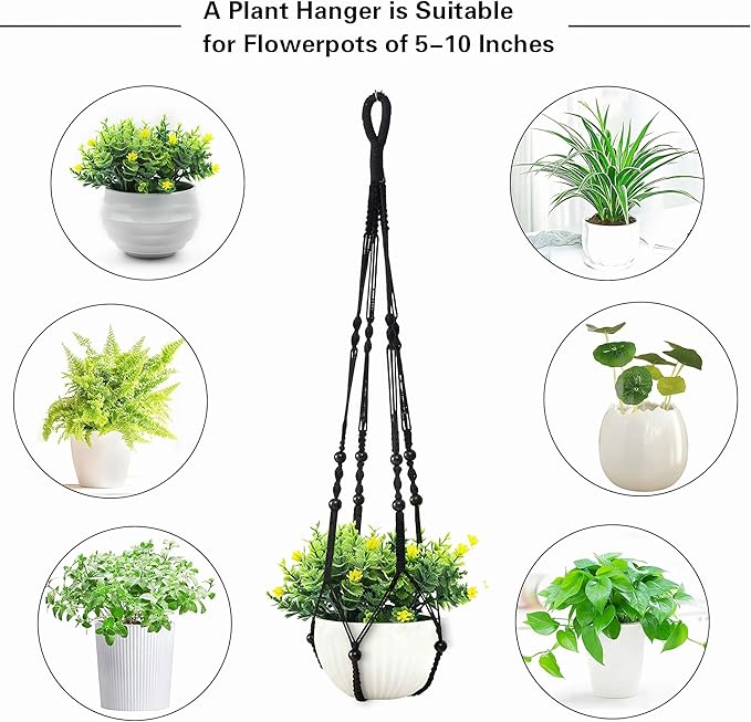 35 Inch Macrame Plant Hanger, Hanging Planter Basket with Wood Beads, Decorative Flower Pot Holder for Indoor Outdoor Boho Home Decor, Set of 2 (Black)