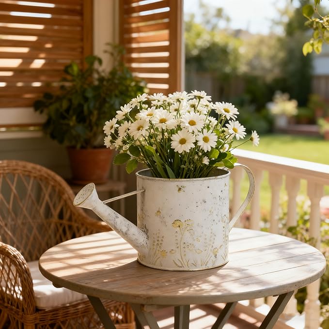 Vintage Metal Watering Can Planter with Embossed Floral - Distressed White Decorative Watering Pot for Indoor/Outdoor Flowers, Succulents & Herbs, Rustic Home Decor Accent