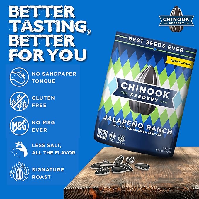 Chinook Seedery Roasted Sunflower Seeds - Jumbo Seeds Keto Snacks - Best For Snack Packs - Gluten Free, Non GMO Snack Food Gifts - 4 Ounce (Pack of 3) - Jalapeno Ranch Flavor Pack