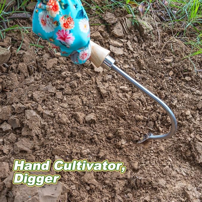 Berry&Bird Weed Puller, Crack Weeder Cultivator Garden Hand Tool, Durable Curved Head Hook & Wooden Handle, Garden Digging, Edging, Planting Remover for Patio Lawn Yard Moss Terrace Paving