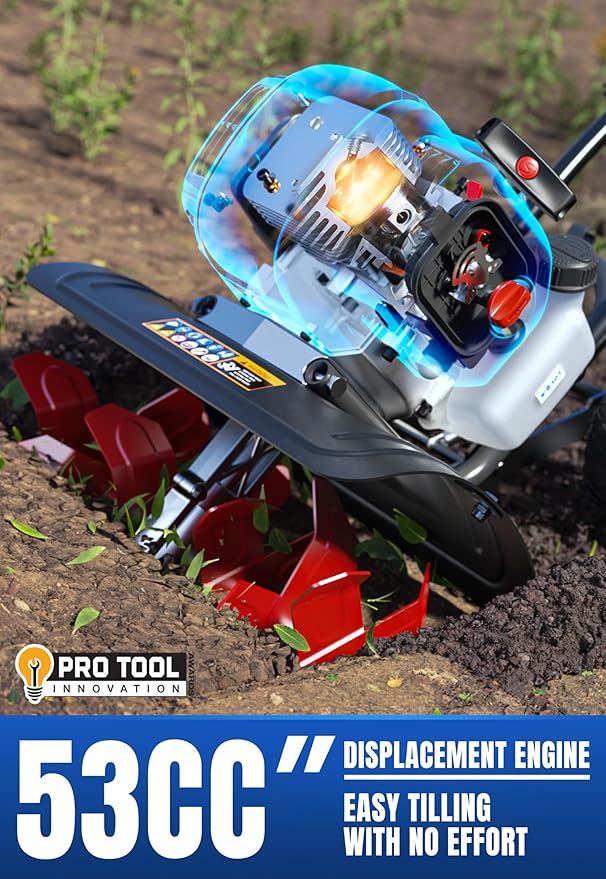 Wild Badger Power Garden Tiller 53cc Mini Cultivator 15 inch Powerful Liftable Booster Rod Tilling Tool for Lawn, Garden and Field Soil Cultivation