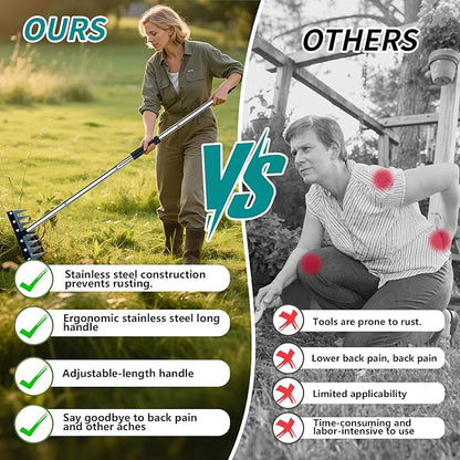 Garden Rake, 8 Tines Garden Weeding Rake with Sharp Blade with Steel Adjustable Handle (31'' to 63''), Garden Weed Puller Tool for Clearing Weed, Loosening Soil and Flower Beds