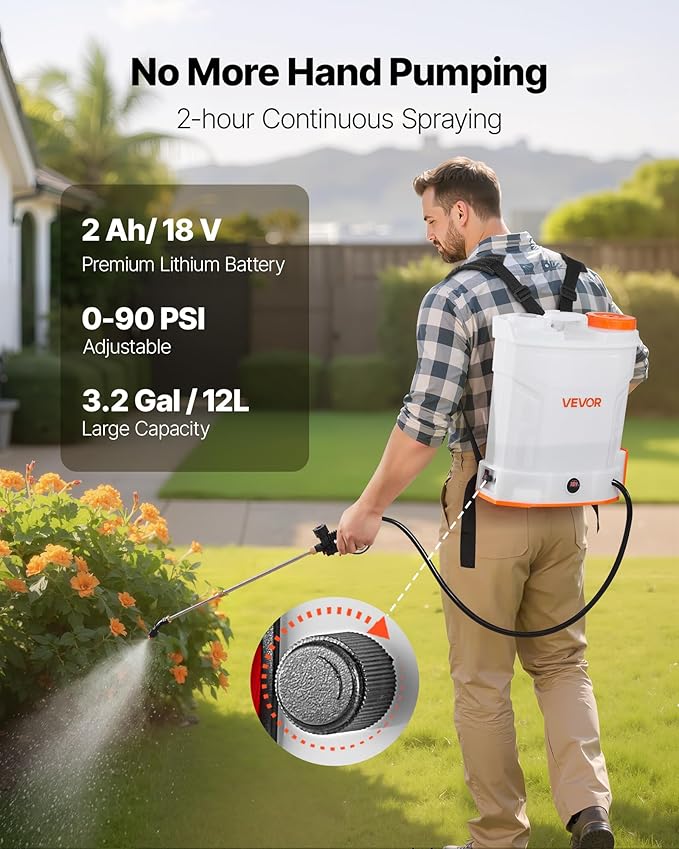 VEVOR Battery Powered Backpack Sprayer, 3.2 Gal Powerful Electric Backpack Sprayer, 2 Retractable Wands & 5 Nozzles, Adjustable 0-90 PSI, 2 Hour Runtime, Portable Weed Sprayers for Yard Garden Lawn