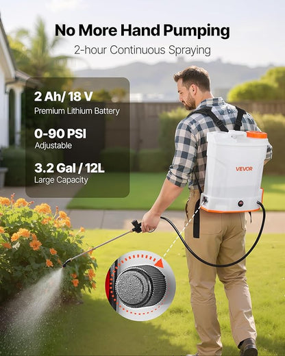 VEVOR Battery Powered Backpack Sprayer, 3.2 Gal Powerful Electric Backpack Sprayer, 2 Retractable Wands & 5 Nozzles, Adjustable 0-90 PSI, 2 Hour Runtime, Portable Weed Sprayers for Yard Garden Lawn