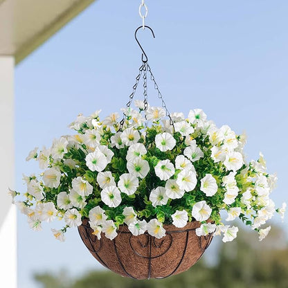 Artificial Fake Hanging Flowers Plants Baskets Spring Outdoor Decor, Outdoor Faux Silk White Morning Glory Eucalyptus in Planter UV Resistant Realistic for Outside Porch Patio Balcony Garden Yard Home