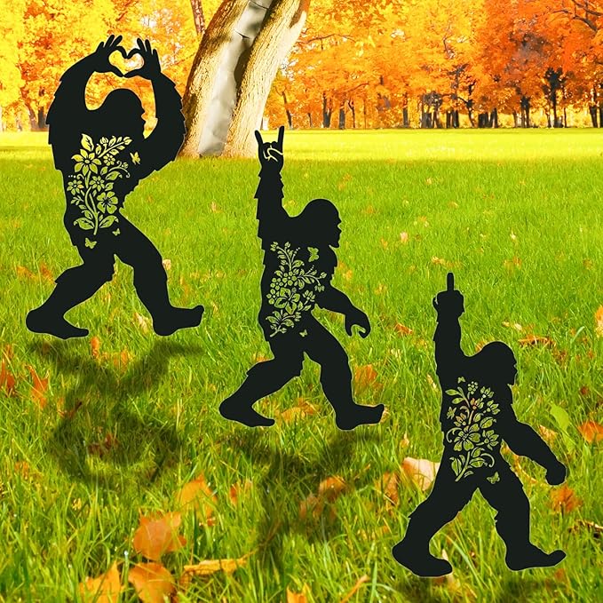 Bigfoot Metal Garden Stakes Yard Decor, 3PCS Black Bigfoot Silhouette Statues Garden Decorative Gifts for Yard Art, Patio, Outside, Lawn Ornaments, Christmas, Backyard, Pathway