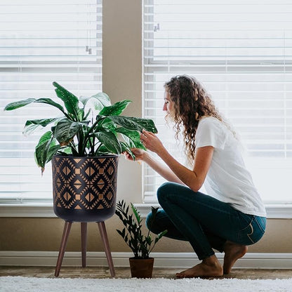 D'vine Dev 12 Inch Planter Pot with Stand, Mid-Century Tall Plant Pot with Legs for Indoor Plants, Bronze/Black, 88-G-C-6