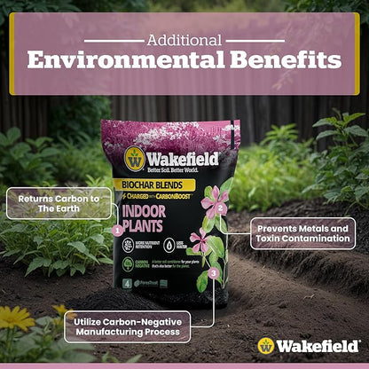 Wakefield Biochar Potting Mix & Indoor Plant Soil – Potting Soil Indoor Plants w/CarbonBoost Technology – Organic Compost, Pine Bark, Worm Castings – Garden Dirt - 4 Quart