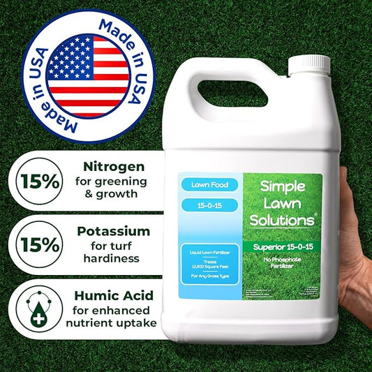 Superior 15-0-15 Liquid Lawn Fertilizer - Lawn Food for Growth & Green - Nitrogen, Potassium, Humic, Fish & Seaweed - Any Grass Type- Simple Lawn Solutions - All Season- Concentrate (1 Gallon)