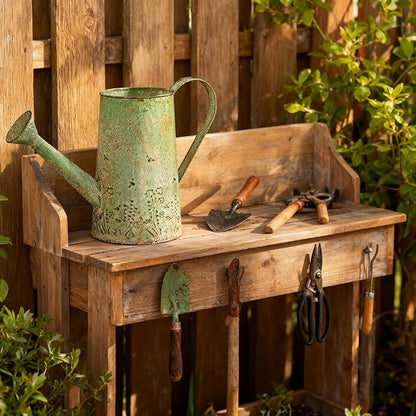 Vintage Green Metal Watering Can, Functional Garden Waterer with Floral Embossed for Indoor Outdoor Plant Care, Rustic Decor for Home Garden Patio