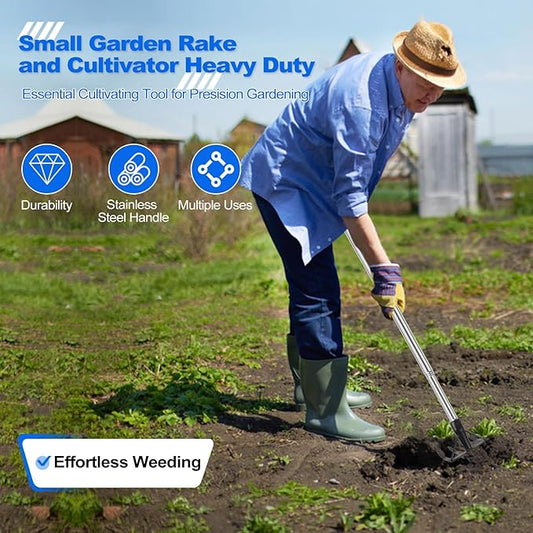 Small Garden Rake Tool, Hand Tiller Cultivator, Weed Remover Rakes Narrow for Flower Beds, Leaves Leaf Grass Cleaning for Precise Gardening, Mulch Spreading, Tilling Soil Weeding - Long Handle