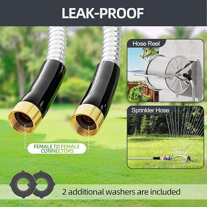 SPECILITE 15FT Short Garden Hose, 1/2" 304 Stainless Steel Leader Hose with Female to Female Brass Fittings, Flexible, Heavy-Duty & Never Kink, Water Pipe for Yard, Outdoor, Lawn