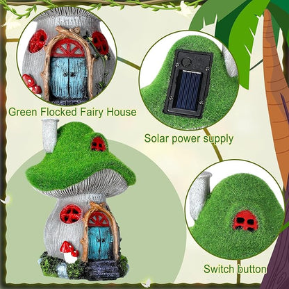Suzile 50 Pcs Solar Fairy House Garden Accessories Light up Flocked Fairy House Garden Kit Green Resin Miniature Mushroom Figures Micro Landscape Ornament(Mushroom House)