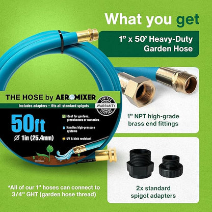 Aeromixer THE HOSE - 1 Inch Garden Hose 50 Ft, Kinkless Commercial Garden Hoses, Heavy Duty Industrial Water Hoses for Outdoors, 650 PSI High-Pressure Watering Tool for Farming and Gardening