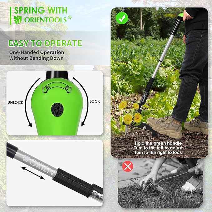 ORIENTOOLS Weed Puller, Stand Up Weed Puller, 32 to 41 inch Long Handle, Upgrade Detachable Telescopic Handle Garden Weeding Tool with 4 Claws for Labor Saving Dandelions Remover Tool