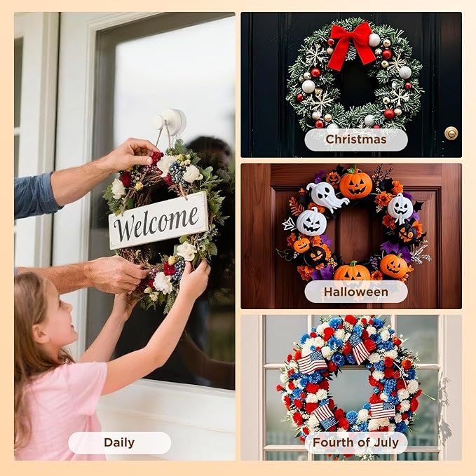 OUTXE Wreath Hanger for Front Door, Heavy Duty Suction Cup Reef Hook for Glass Window/Over Door, Christmas/Thanksgiving/Halloween/July 4th/Easter/Valentine/Winter/Fall/Summer/Spring (White, 2-Pack)