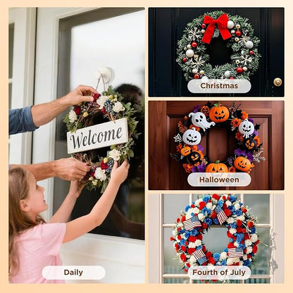 OUTXE Wreath Hanger for Front Door, Heavy Duty Suction Cup Reef Hook for Glass Window/Over Door, Christmas/Thanksgiving/Halloween/July 4th/Easter/Valentine/Winter/Fall/Summer/Spring (White, 4-Pack)