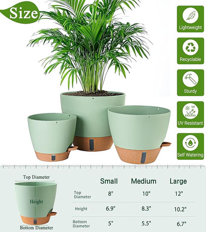 8/10/12 Inch Self Watering Pots for Indoor/Outdoor Plants - Large Plastic Planter with Drainage Holes, Water Level Indicator & Deep Reservoir, Modern Decorative Flower Pots (Green)